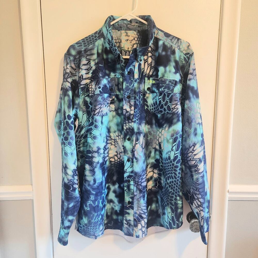 Huk Men's Large Kryptek Pontus Fishing Shirt Blue Camo Button Down Mesh Back